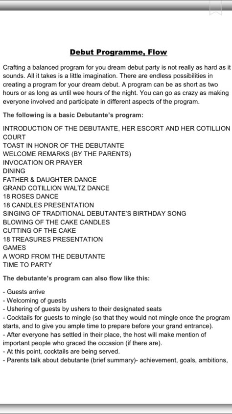 debut programme pt. 1 Debut Theme Ideas Debut Theme Ideas 18th Simple, 18th Birthday Debut Program Flow, Debut Themes Simple, Debut Preparation Checklist, Debut Checklist Filipino, Debut Activity Ideas, Filipino Debut Invitation, Debut Planning Checklist, Program For Debut Party