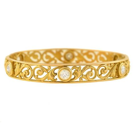 WHITESIDE & BLANK Art Nouveau 14kt Filigree Diamond Bracelet 3.00ctw – A. Brandt + Son Filigree Bangle, Simple Diamonds, Jewelry Bracelets Silver, Diamond Bangles Bracelet, Bangles Jewelry Designs, Gold Bangles Design, Diamond Bangle, Bridal Gold Jewellery, Eternity Band Diamond