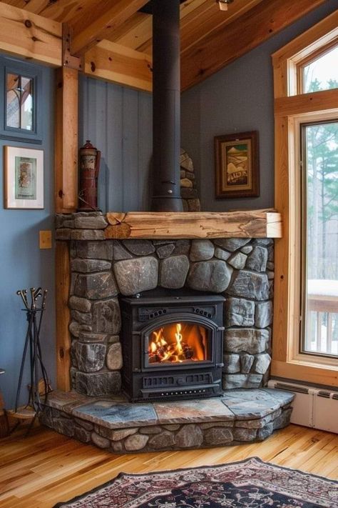 Corner Fireplace With Woodstove, Corner Wood Stove Surround Ideas, Wood Burning Stove Corner, Corner Wood Stove, Wood Stove Surround, Wood Stove Hearth, Wood Burning Stoves Living Room, Corner Fireplace Ideas, Cabin Fireplace