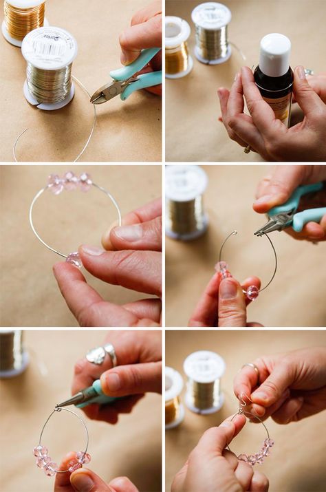 3 Ways to DIY Your Own Earrings (In 5 Minutes or Less) | http://helloglow.co/diy-earrings-3-ways/ Anting Manik, Beading Bracelets, Wire Hoop Earrings, Wire Jewelry Making, בר מצווה, Earrings Diy, Earring Tutorial, Tiny Diamond, Homemade Jewelry