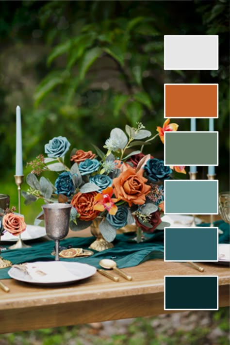 Dive into the rich hues of fall with our teal and burnt orange color palette. Perfect for autumn weddings, it sets a warm tone for an unforgettable celebration. For home decor, it adds depth and texture, creating an inviting and cozy atmosphere. Inspired by the flowers in the pin - available to purchase on Amazon. Teal And Orange Fall Decor Living Room, Teal Autumn Wedding, Fall Teal Wedding Colors, Orange And Teal Wedding Flowers, Teal And Burnt Orange Wedding Groomsmen, Fall Wedding Inspiration October, Burnt Orange And Teal Wedding Decor, Teal Pallete Color, 2024 Fall Color Palette