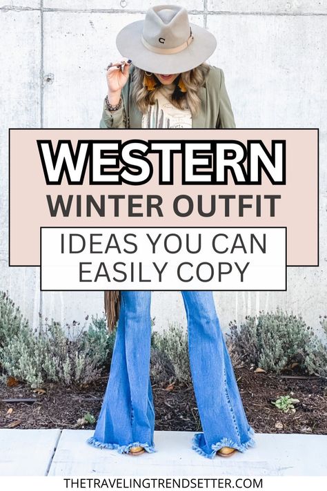 Looking to add some Western Style flair to your wardrobe this season? Check out these Women's Winter Outfit ideas that blend classic western elements with modern Women's Fashion. From cozy layers to stylish accessories, discover how to create a winter look that's both trendy and timeless. Fleet Week Outfit, Flare Jeans Outfit Western Winter, Cowboy Hat Outfit Fall, Country Themed Outfits Women, Tassel Shirt Outfits, Line Dancing Outfit Country Plus Size, North Dakota Outfits, Vegas Nfr Outfit Ideas 2024, Cowgirl Cold Weather Outfits