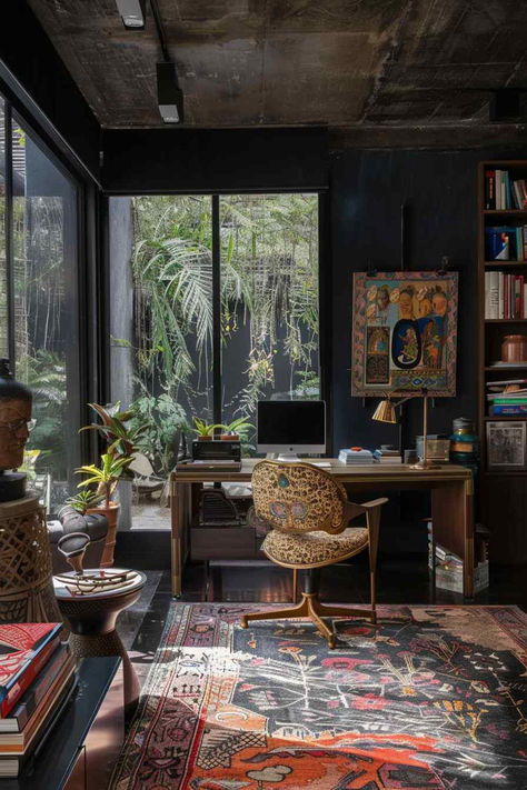 32 Home Office Designs: Incorporating Maximalist Ideas with a Dark Palette Home Office Maximalist, White Collar Aesthetic, Retro House Design, Dark Eclectic Home, Sunroom Office Ideas, Maximalist Office, Maximalism Interior Design, Maximalism Style, Collar Aesthetic