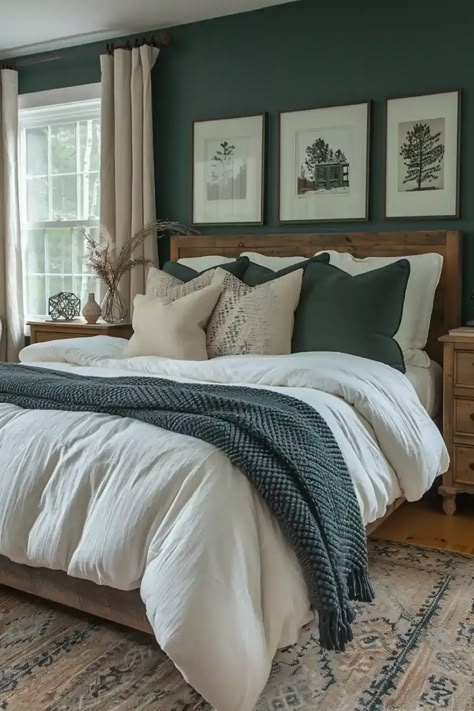 Green Wall Farmhouse Bedroom, Guest Bedroom Navy Blue, Dark Green Master Bed Accent Wall, Emerald Green Accents Bedroom, Blue And White Bedroom Walls, Green Neutral Bedding, Dark Green Guest Room, Hunter Green Master Room, Modern Rustic Primary Bedroom