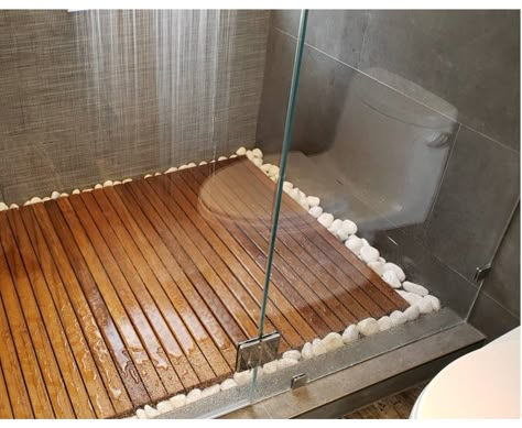 Showers With Teak Floors, Shower Upgrade Ideas, Shower With Teak Floor, Teak Wood Shower Floor, Teak Bathroom Floor, Wooden Shower Floor, Shower Flooring Ideas, Diy Shower Floor, Shower Floor Diy