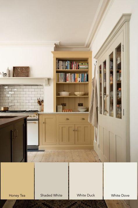 Behr Honey Tea -- F&B Shaded White -- SW White Duck (or F&B School House White) -- BM White Dove Yellow Cabinets, Devol Kitchens, Light Hardwood Floors, London Kitchen, English Kitchens, Shaker Cabinets, Yellow Kitchen, Transitional Kitchen, Kitchen Fittings