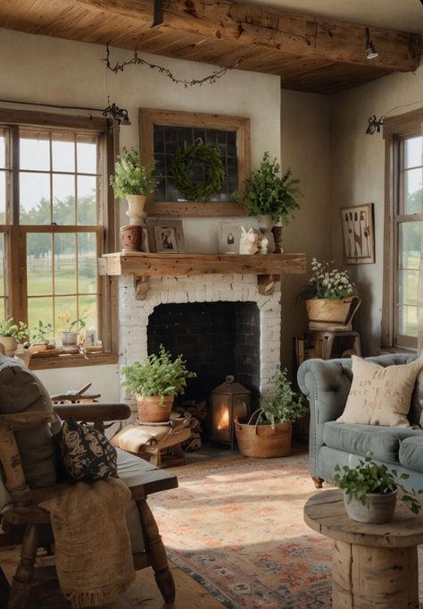 Woodsy Cottage Interior, Witchy Cottagecore Living Room, Sitting Room Farmhouse, English Country Living Room, Cottage House Decor, Salons Cottage, Whitewashed Brick, Farmhouse Living Rooms, Brick Fireplaces