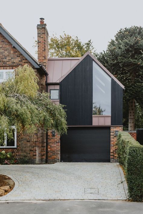 Modern Garage Extension, Gable Roof With Flat Roof Extension, Double Storey Front Extension, Extension Above Garage, Double Height Glass Extension, Double Story Extension Ideas, Double Height Extension, Front Of House Window Ideas, Garage Extension Front Of House