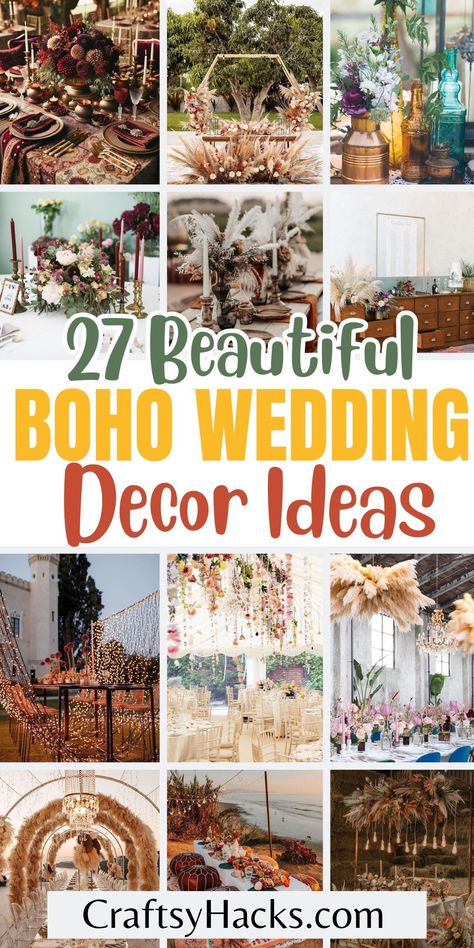 Create the enchanting boho chic wedding of your dreams with our beautifully curated wedding decorations that capture the essence of bohemian elegance. These boho wedding ideas combine rustic aesthetics with lush florals and eclectic accents to bring your whimsical wedding vision to life. Ranch Wedding Ideas Outdoor Receptions, Rustic Bohemian Wedding Ideas, March Boho Wedding, Boho Bar Decor Wedding, Neutral Earthy Wedding, Spring Boho Wedding Ideas, Rustic Boho Chic Wedding, Diy Eclectic Wedding Decor, Fall Boho Wedding Ideas