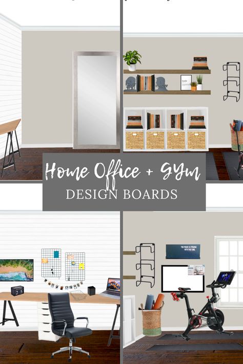 4 Design Boards to create a neutral, calming, modern home office and gym combo Study Exercise Room, Office Weight Room Combo, Office Gym Layout, Study And Gym Room Ideas, Bonus Room With Workout Space, Small Office Gym Combo Ideas, Small Office And Workout Space, Office And Treadmill Room, Office And Workout Room Combo Ideas