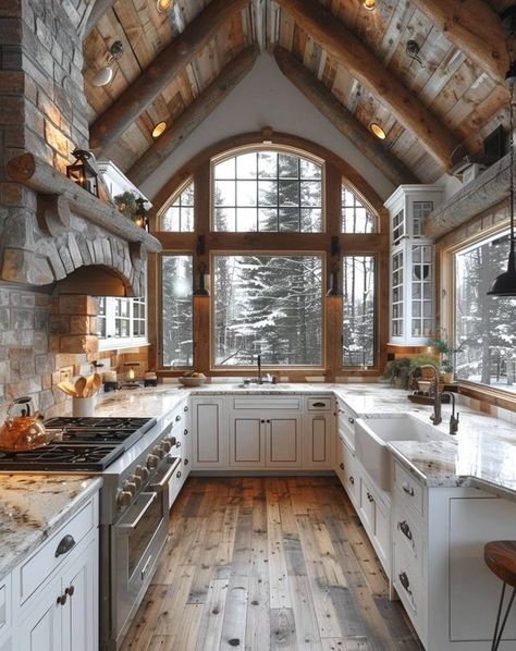 Tall Windows In Kitchen, Gorgeous Homes Interior Luxury, Log Cabin Addition Ideas, Log House Kitchen, Manga House, Log House Interior, Log Cabin Homes Interior, White Log Cabin, Log Cabin Ideas