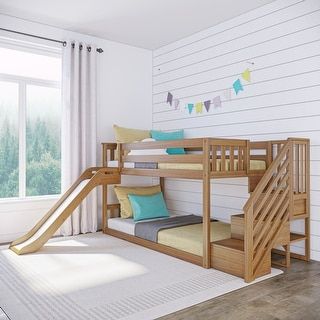 Max and Lily Mid-Century Modern Twin over Twin Low Bunk Bed - On Sale - Bed Bath & Beyond - 36911043 Slide Stairs, Kids Bed With Slide, Low Bunk Bed, Bunk Beds For Boys Room, Bunk Beds Boys, Toddler Bunk Beds, Low Bunk Beds, Kids Shared Bedroom, Bunk Bed With Slide