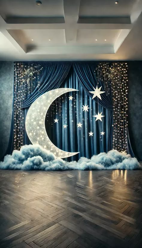 To The Moon And Back Dance Theme, Northern Lights Backdrop, Night Under The Stars Backdrop, Moon And Stars Dance Theme, Moon Photo Backdrop, Dream Big Party Theme, Starry Night Prom Table Decor, Blue Star Themed Party, Stars Decorations Party