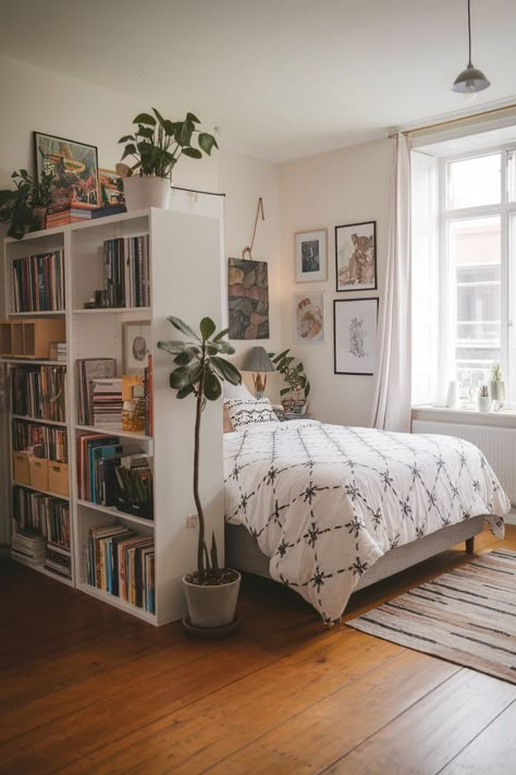 Small Apartment Layouts You’ll Want to Copy Studio Apartment Ideas Bookshelf, Studio Apartment Layout For Two, Living In A Studio Apartment, 4x4 Studio Apartment, Studio Apartment Ideas Storage, Small Bedroom Studio Ideas, Tiny Apartment Room Ideas, Cute Small Studio Apartment Ideas, Studio Hacks Small Apartments