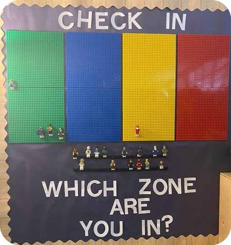 Zones Check In Ideas, Daily Emotional Check In Classroom, Zone Of Regulation Check In, Zones Of Regulation Classroom Display, Emotional Impairment Classroom, Check In Classroom Ideas, Zones Check In, Lego Zones Of Regulation, Feeling Check In Classroom