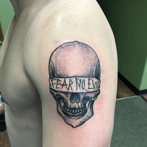 Fear No Evil done at Call of The Wild Coeurdalene Idaho Fear No Evil Tattoo Design, Fear No One Tattoo, Fear No Evil Tattoo Men, Fear No Evil Tattoo, Evil Tattoo Designs, Coeurdalene Idaho, No Fear Tattoo, No Evil Tattoo, Fear Tattoo