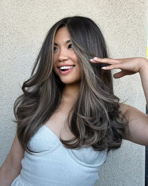 Diana Vivilecchia on Instagram: "Cool  brown - no yellow no orange Asian brunette. She’s looking like a queen. Feeling good in her hair transformation. Brought her from black to that. Using the dvcolour techniques, lots of layers and big blowout. Reserve a dvcolour hair colorist, they can recreate all the looks you see on @vividsalondv page . We got the technique pattern and formulas for our team only.  (905)990-8777 Info@ vividness.ca" Orange Balayage On Black Hair, Brunette Hair On Asians, Hair Color Inspo Asian, Medium Length Hair Color Ideas Brunettes, Asian With Brown Highlights, Ash Brown Hair On Black Hair, Pretty Hair Colors For Brunettes, Cool Brown Hair Blue Eyes, Blowout Long Hair No Layers