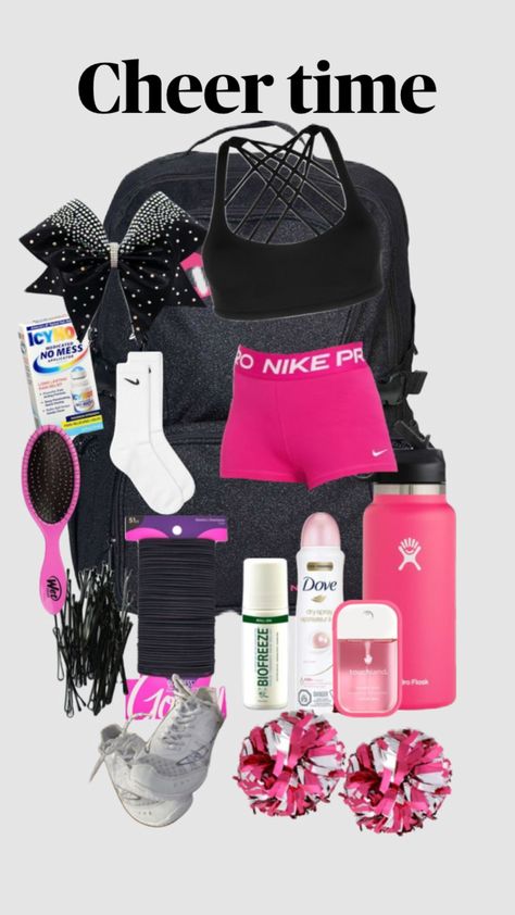 Cheer Organization Ideas, Cheer Game Day Checklist, Whats In My Cheer Bag, What’s In My Cheer Bag, Cheer Bags Ideas, Cheer Must Haves, Cheer Tryouts Outfit, Cheer Wishlist, Gymnastics Outfits For Practice