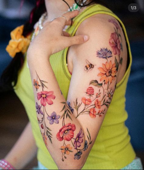 Full Arm Flower Tattoo, Floral Arm Tattoo Sleeve Colour, Colorful Flower Sleeve Tattoos For Women, Suflanda Tattoo, Coloured Floral Sleeve Tattoo, Colorful Floral Sleeve Tattoos For Women, Floral Vine Tattoos Sleeve, 4 Seasons Tattoo, Wildflower Shoulder Tattoo