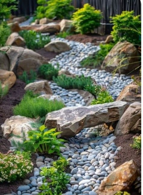 River Rock Around House, Rock River Bed Landscape Design, Rockscape Landscaping Ideas, Dry Creek Bed Landscape, Garden With Rocks, Dry Riverbed Landscaping, Dry Stream, River Rock Garden, Modern Rock