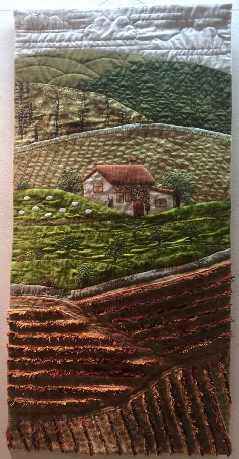 Textile Landscapes, Colchas Quilting, Cloth Painting, Green Fabrics, Tapestry Loom, Landscape Art Quilts, String Quilt, Landscape Quilt, Textile Art Embroidery