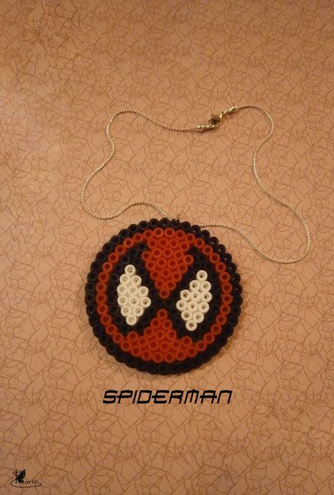 Spiderman perler beads by KarinMind Spider Man Perler Bead Pattern, Perler Beads Circle Patterns, Perler Spiderman, Perler Bead Patterns Hello Kitty, Perler Beads Spiderman, Spiderman Perler Beads, Spiderman Necklace, Baking Beads, Spiderman Pixel Art