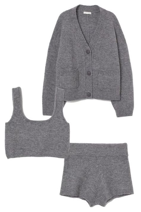 Knitted cardigan, £24.99, bralette, £12.99, and shorts, £12.99. hm.com Cashmere Loungewear, Knitted Loungewear, Loungewear Sets, Knitted Cardigan, Low Key, Bralette, Luxury Fashion, Grey