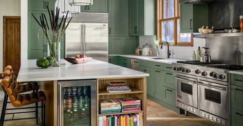 L Shaped Kitchen With Island Layout, Kitchen Island Features, Kitchen Island Inspiration, Kitchen With Island Layout, L Shape Kitchen, L Shaped Island, Wood Burning Insert, Small Terracotta Pots, Butcher Block Top