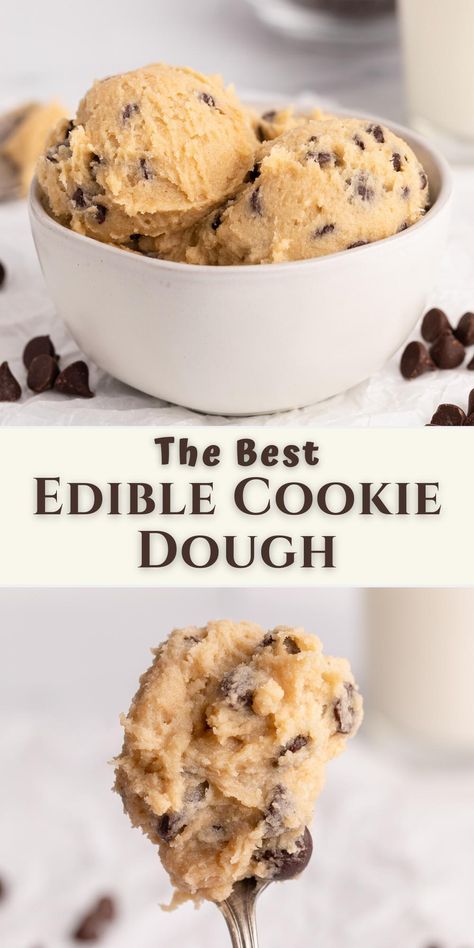 edible cookie dough in bowl and on spoon. How To Make Chocolate Chip Cookie Dough, Edible Chocolate Cookie Dough Recipe, Dessert Recipes Easter, Edible Cookie Dough Recipe For One, Raw Cookie Dough Recipe, Dessert Recipes Simple, Edible Cookie Dough Healthy, Dessert Recipes For A Crowd, Recipes Easy Dessert