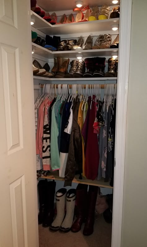 Maximize space in your tiny closet in an older home. Small Corner Closet Organization Ideas, Show Organization In Small Closet, Tiny House Closet Organization, Optimize Small Closet Space, Extra Hanging Space In Closet, Maximize A Small Closet, Shared Small Closet With Husband, Extend Closet Space, Tiny Closet Design Layout