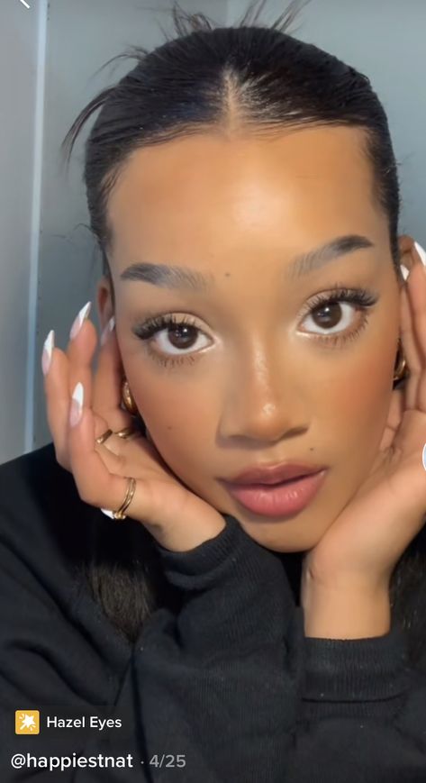 Doe Eyed Makeup Look, Soft Doe Eye Makeup, Doe Eyes Makeup Black Women, Prom Makeup Doe Eyes, Round Upturned Eyes, Soft Natural Makeup Black Women, Babydoll Makeup Black Women, Upturned Doe Eyes, Puppy Makeup Aesthetic