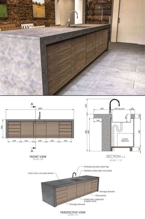 Measurement Plan Architecture, Kitchen Island Plans Layout, Kitchen Island Construction Details, Kitchen Section Drawing Interior Design, Kitchen Island Modern Design, Diy Concrete Kitchen Island, Kitchen Island Dimensions Layout, Kitchen Island Drawing, Interior Architecture Details