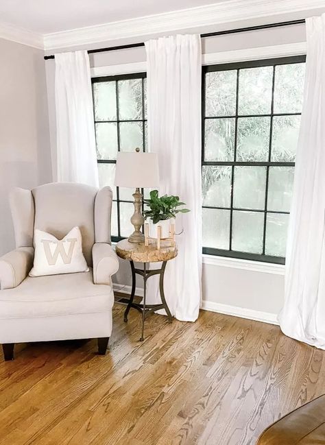 14 Easy Window Makeover DIY Ideas | Hometalk Window Makeover, Craftsman Style Trim, Cottage Curtains, Black Cottage, Black Curtain Rods, Cottage Windows, Faux Roman Shades, Frosted Window Film, Paint Tips