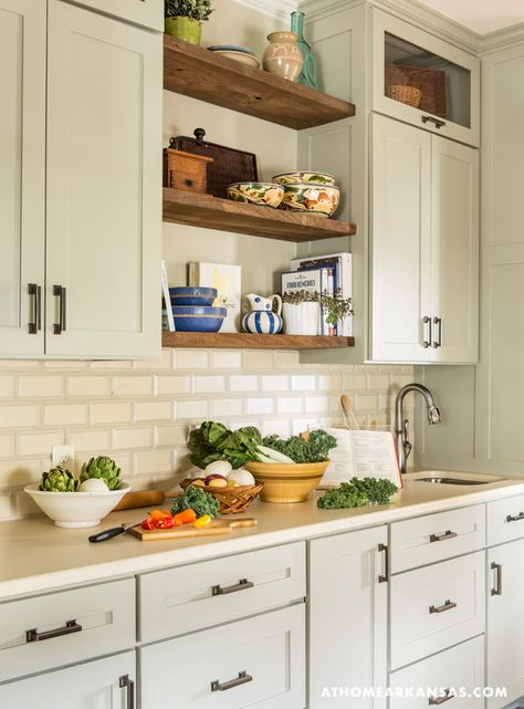 At Home in Arkansas | May 2015 | Heirloom Revival Floating Shelves Between Cabinets, Shelves Between Cabinets, Install Floating Shelves, Countertop Concrete, Cream Cabinets, Wooden Kitchen Cabinets, Shelves Ideas, Table Wall, Wood Kitchen Cabinets