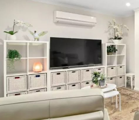 Kallax Ikea Tv Stand Living Rooms, Cubes As Tv Stand, Living Room Kallax Ideas, Ikea Kallax Tv Wall Unit Ideas, Cube Shelf Tv Stand Living Rooms, Cube Storage Entertainment Center, Kallax Media Unit, Kallax Unit Living Room, Ikea Kallax Tv Unit