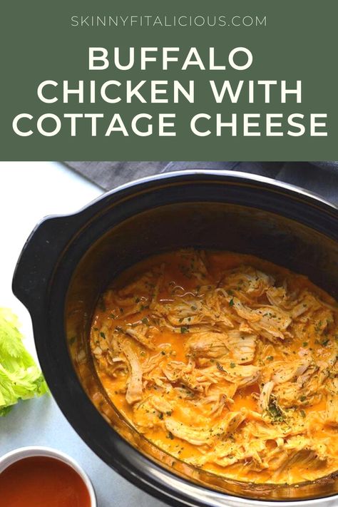 Buffalo Chicken with Cottage Cheese is high protein and made easy in a slow cooker! High Protein Crockpot Chicken, Healthy Crockpot Buffalo Chicken, High Protein Sauce, Buffalo Chicken Recipe, Buffalo Chicken Sauce, Slow Cooker Buffalo Chicken, Buffalo Chicken Dip Crock Pot, Shredded Buffalo Chicken, Crockpot Buffalo Chicken