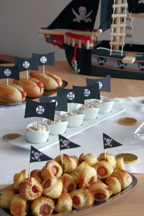 Winter Pirate Party Birthday Party Ideas | Photo 1 of 24 Pirate Party Food, Pirate Food, Kids Pirate Party, One Piece Birthdays, Mermaid Pirate Party, Pirate Party Decorations, Pirate Themed Birthday Party, Peter Pan Party, Pirate Themed Birthday