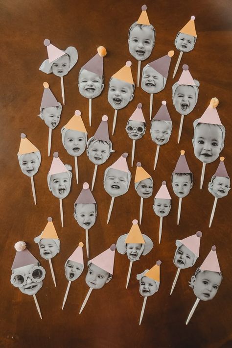 Diy Animal Birthday Decorations, Birthday Face Cupcake Toppers, Face On Cupcake, 1st Birthday Cupcake Toppers, Diy Easy Birthday Decorations, Make Your Own Party Hat, Party Food First Birthday, Diy Face Cupcake Toppers, Cupcake Neutral Colors