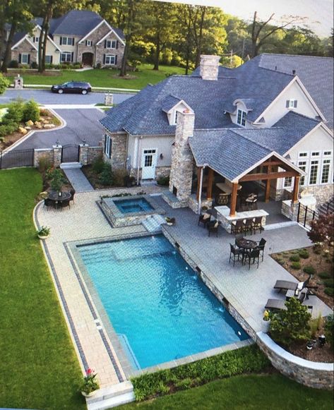 Luxury suburban home with in-ground swimming pool and hot tub Outdoor Kitchen Design Off House, Craftsman Style Homes Backyard, House With Inground Pool, Pool Outside House, Houses With Pools In The Front Yard, Backyard Oasis Layout, Farmhouse Inground Pool Ideas, House With A Pool Dream Homes, Farmhouse With Pool Backyards