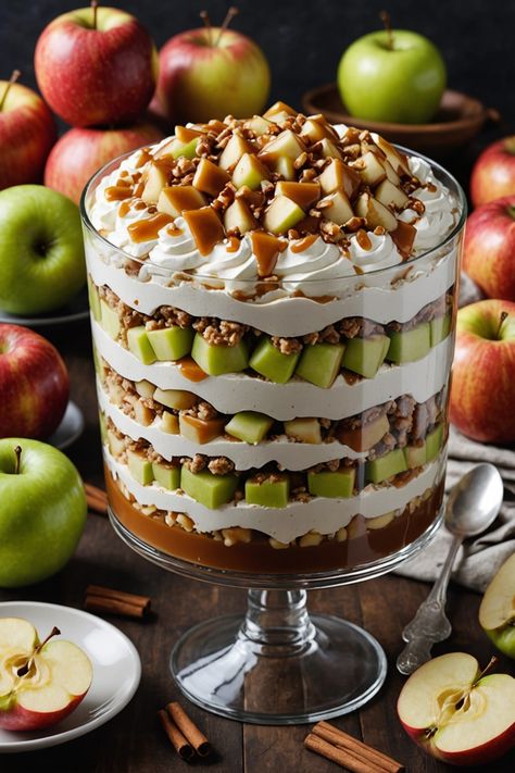 A photo of a  Caramel Apple Trifle which is a type of thanksgiving desserts Apple Cake Trifle, Spiced Cake Trifle, Smore Trifle Desserts, Autumn Trifle Desserts, Apple Crisp Trifle Desserts, Apple Desert Ideas, Thanksgiving Recipes Dessert Trifle, Layered Dessert Recipes In A Cup, Triffle Recipes Thanksgiving