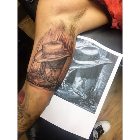 Memorial tattoo, cowboy boots, hat & cross. Rip Cowboy Tattoo, Cowboy Memorial Tattoo, Cowboy Hat Tattoo, Outlaw Tattoo, Sky Tattoos, Cowboy Tattoos, Tattoo Inspiration Men, Flag Tattoo, Matching Couple Tattoos