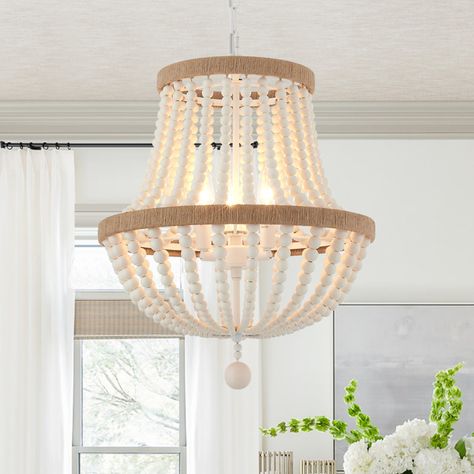 Bungalow Rose 3 - Light Dimmable Empire Chandelier | Wayfair Chandelier Wood, Boho Chandelier, Chandelier Farmhouse, Wood Bead Chandelier, Wood Light Fixture, Gold Ceiling Light, Bedroom Pendant, Rope Decor, Pendant Lighting Bedroom