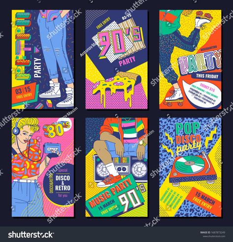 80's disco style poster set for retro party - colorful Memphis invitation flyer template collection with people and ob #Ad , #Ad, #party#retro#colorful#invitation 80s Party Poster, 80s Poster Design, 1980s Posters, Party Design Poster, 80s Poster, Business Card Stand, 80s Disco, Disco Style, Colorful Invitations