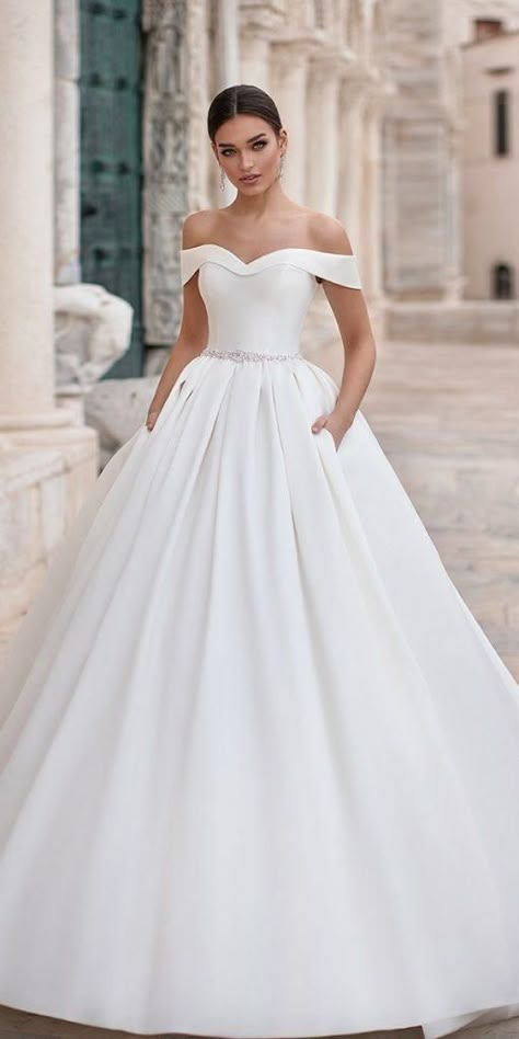 Awesome Off The Shoulder Wedding Dresses Inspiration ★ #bridalgown #weddingdress Off The Shoulder Wedding Dresses, Plain Wedding Dress, Off The Shoulder Wedding Dress, Off Shoulder Wedding Dress, Shoulder Wedding Dress, Celebrity Wedding Dresses, Classy Wedding Dress, Fancy Wedding Dresses, Wedding Dresses Satin