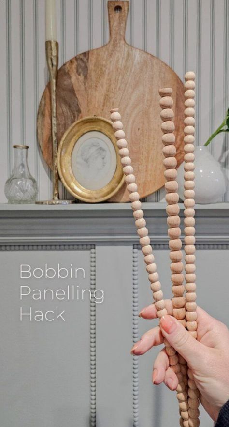 The hottest design trend for 2024, this DIY wood bobbin trim for your board and batten will change the game! It's such a fun and darling addition to your wall paneling and it's perfect for a bedroom, playroom or entryway. You can even add them to dressers and cabinets! Bobbin Moulding Wardrobe, Bobbin Trim Panelling, Bobbin Bead Moulding, Beaded Trim Ideas, Bobbin Molding, Bobbin Panelling, Bobbin Trim, Bobbin Furniture, Bobbin Frame