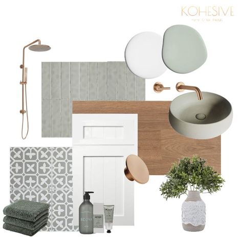 Designed by @kohesive_interiors using our mood board tool. Loving the calming palette of sage, white and bronze for a bathroom design. View the link to see the published mood board. Bathroom design, bathroom decor, sage, bathroom ideas, bathroom inspiration, bathroom interior design Bright Boho Bathroom, Bathroom Flatlay, Sage Bathroom, Style Sourcebook, Bathroom Mood Board, Design Mood Board, Bright Boho, Aesthetic Bathroom, Bad Inspiration