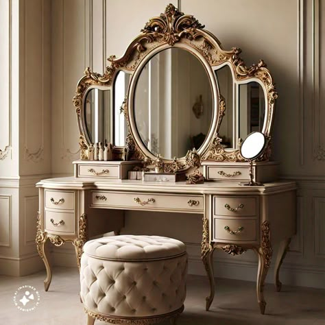 French Vanity Table, Vanity Table Aesthetic, Classic Dressing Table, Mirror And Chair, Bridal Room Decor, Victorian Vanity, Vanity Inspiration, Home Bathroom Ideas, Luxury Room Bedroom