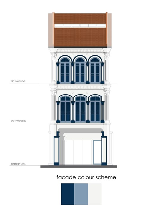 89TP_facade colour scheme #Conservation#ShopHouse#Office#Facade#ElevationDrawings Singapore Shophouse, Colonial Facade, Malay House, History Of Malaysia, Office Facade, Shop Houses, Tropical Colonial, Indochine Style, Shop Facade