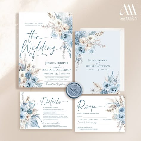 Blue Invitation Template, Dusty Blue Invitation, Blue Wedding Invitation Template, Wedding Invitations Template, Pampas Wedding, Dusty Blue Wedding Invitations, Dream Wedding Invitations, Invitation Template Wedding, Template Wedding Invitation