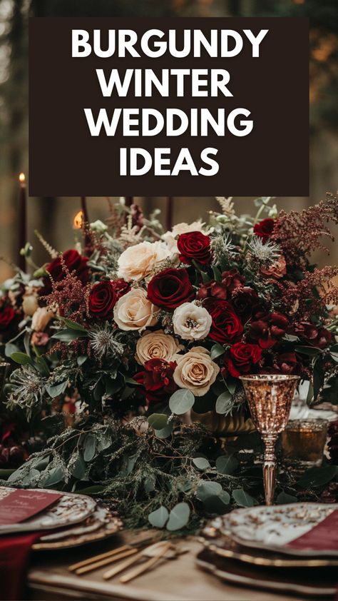 Burgundy winter wedding decor with burgundy flowers, elegant dress, and winter-themed centerpieces. Dark Green Burgundy Gold Wedding, Winter Burgundy Wedding, Dark Moody Winter Wedding, December Wedding Color Schemes, November Wedding Themes, Winter Wedding Color Palette Burgundy, Early December Wedding, Crimson Wedding Theme, Green And Red Wedding Theme